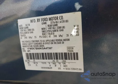 2019 Ford Explorer z USA, uszkodzony, nr VIN 1FM5K7B86KGA47387